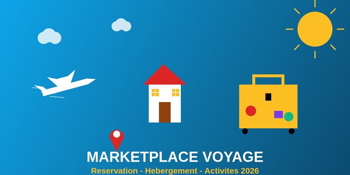 Marketplace voyage reservation 2026 illustration avion maison valise reservation hebergement