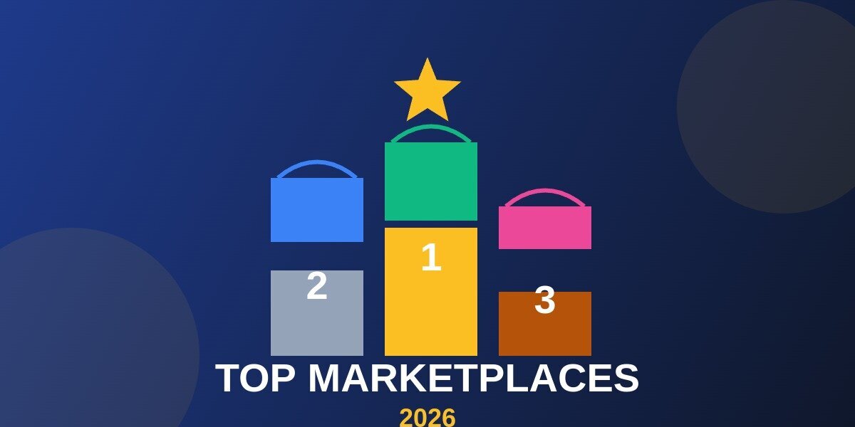 Top marketplaces 2026 illustration podium trophees shopping bags marketplace e-commerce