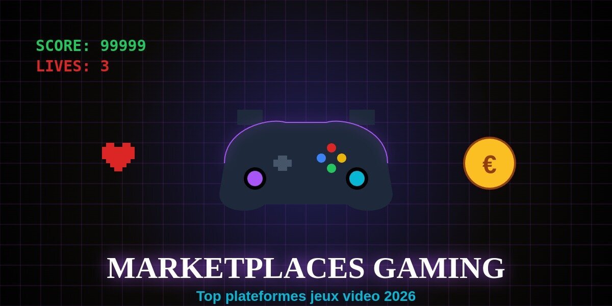 Top marketplaces gaming 2026 illustration manette joystick boutons pixel art coeur score neon