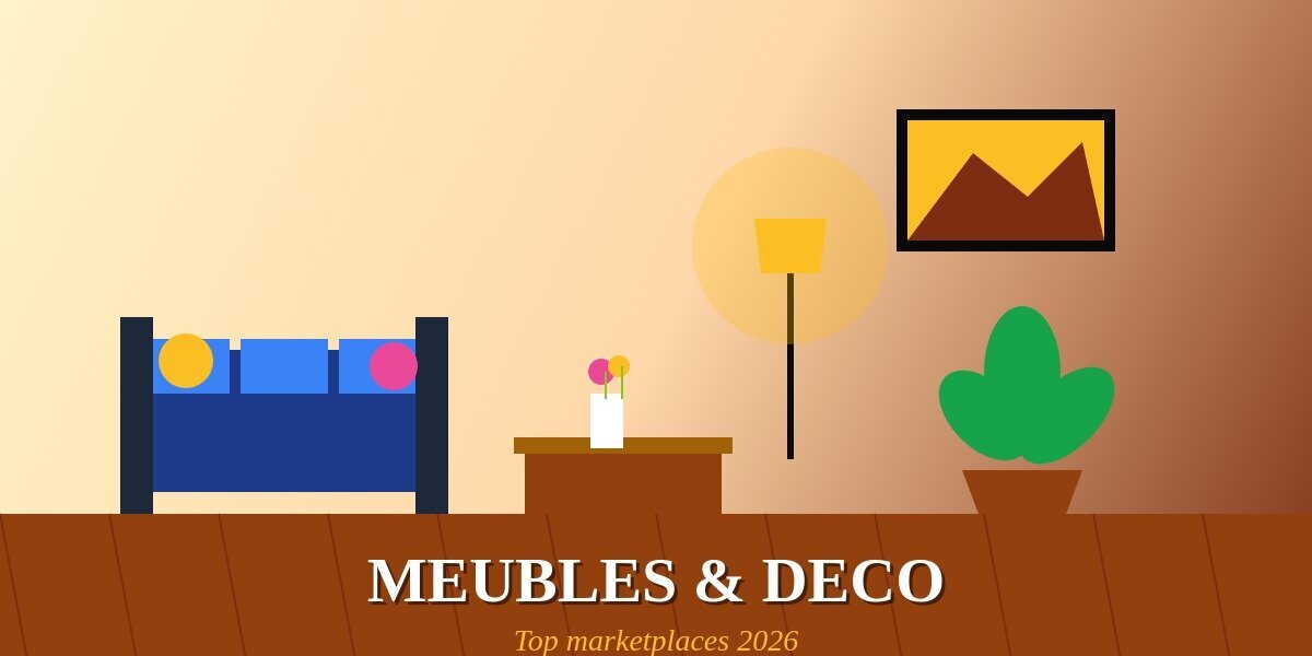 Top marketplaces meubles deco 2026 illustration canape table lampe plante salon interieur design